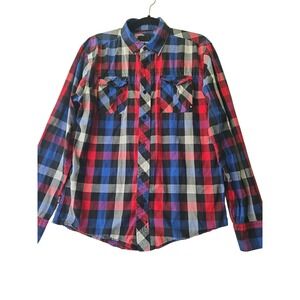 Zoo York Mens SIZE LARGE Long Sleeve Button Up Plaid Shirt Casual Red Blue Black